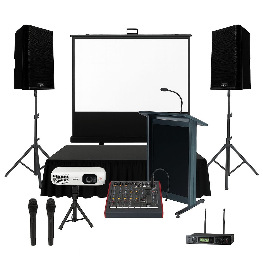 Conference Package with Projector and Pull Up Screen and Stage Piece - Bondi PA Hire | Speakers, Audio Visual, Party Packages