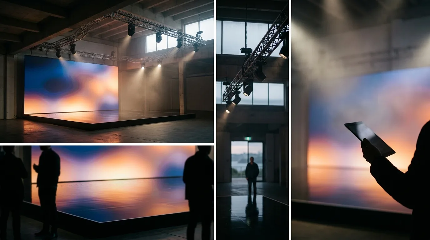 Dramatic product launch stage with LED wall and truss lighting
