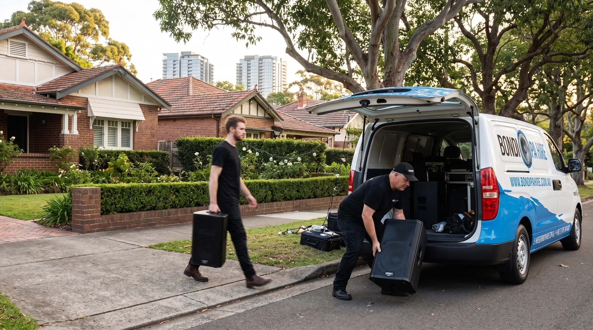 Bondi PA Hire delivering speakers and AV gear to Chatswood