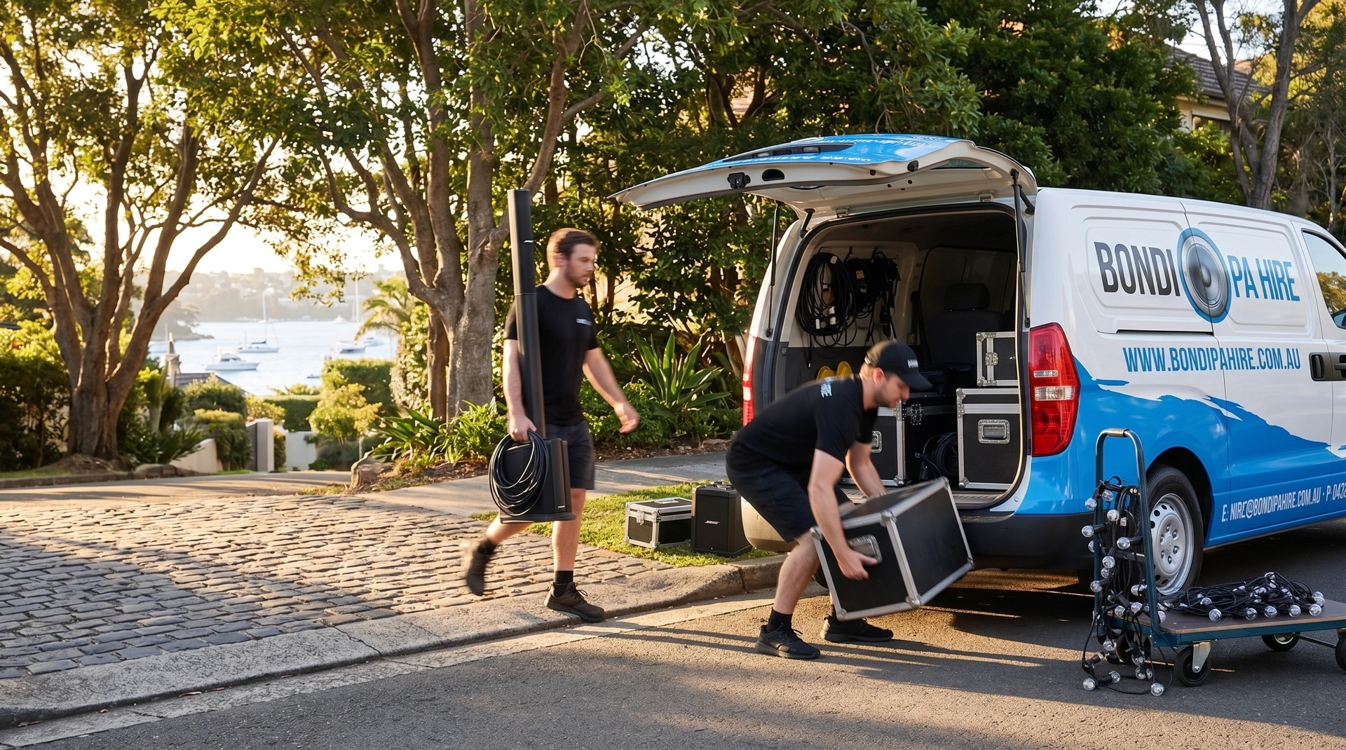 Bondi PA Hire delivering speakers and AV gear to Double Bay