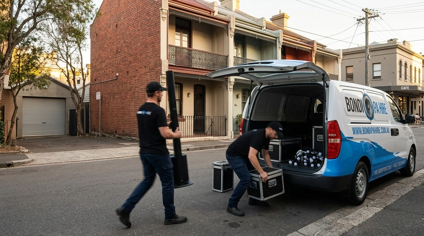 Bondi PA Hire delivering speakers and AV gear to Surry Hills